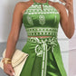 2 Pieces Outfits Tribal Print Keyhole Neck Sleeveless Top and Wide Leg Tied Detail Slit Pants Sets