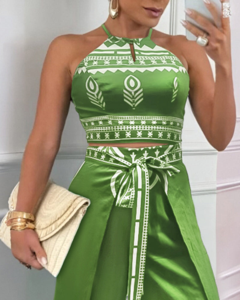 2 Pieces Outfits Tribal Print Keyhole Neck Sleeveless Top and Wide Leg Tied Detail Slit Pants Sets