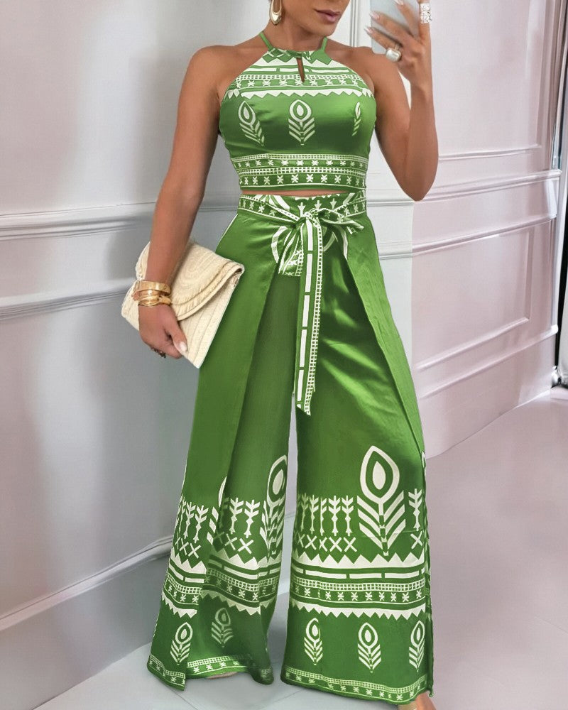 2 Pieces Outfits Tribal Print Keyhole Neck Sleeveless Top and Wide Leg Tied Detail Slit Pants Sets