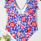 Blue Floral Print Ruffled V Neck High Waist One Piece Swimwear