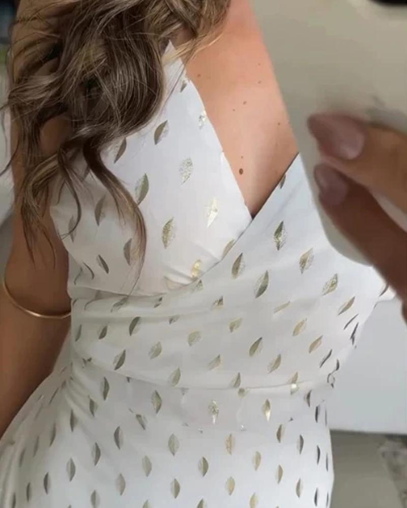 Bronzing V Neck Spaghetti Strap Ruffles Maxi Dress Casual Tied Detail Asymmetrical Dress