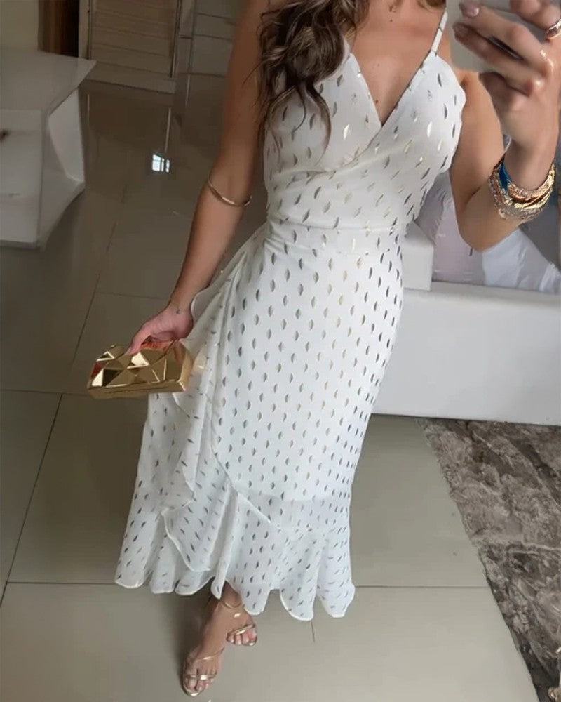 Bronzing V Neck Spaghetti Strap Ruffles Maxi Dress Casual Tied Detail Asymmetrical Dress