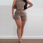 2 Pieces Outfits Round Neck Sleeveless Tank and Casual Ruched Shorts Set