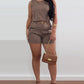 2 Pieces Outfits Round Neck Sleeveless Tank and Casual Ruched Shorts Set