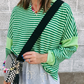 Green Stripe Turn-Down V Neck Patchwork Loose Top