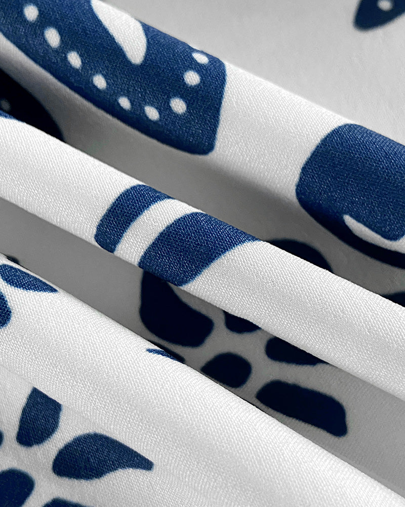 Tropical Plants Print Square Neck Backless Romper Elastic Waist Back Side Slit Short Jumpsuit