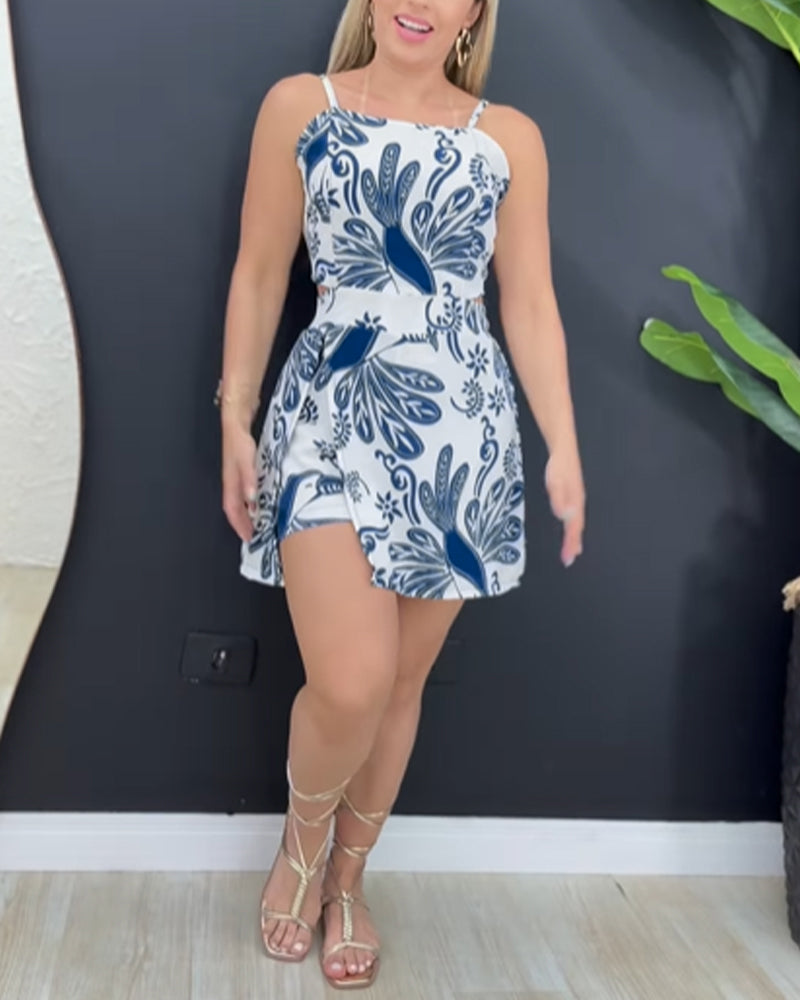 Tropical Plants Print Square Neck Backless Romper Elastic Waist Back Side Slit Short Jumpsuit