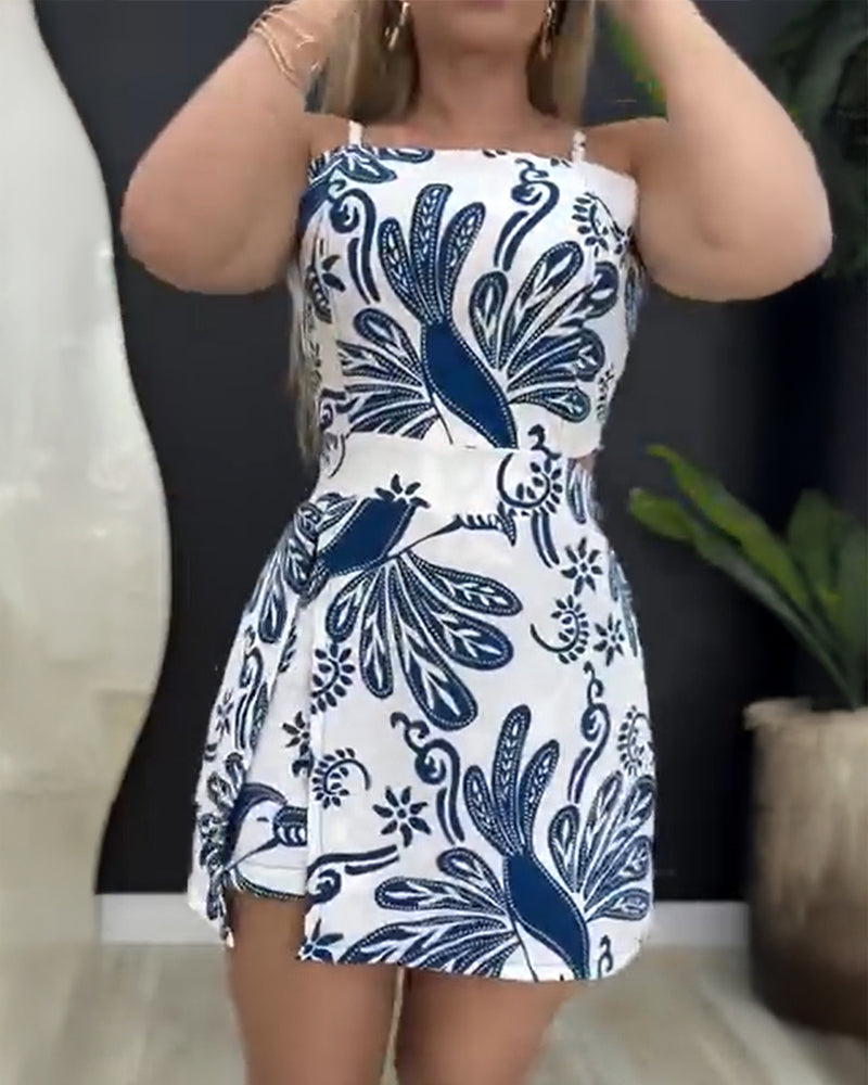 Tropical Plants Print Square Neck Backless Romper Elastic Waist Back Side Slit Short Jumpsuit