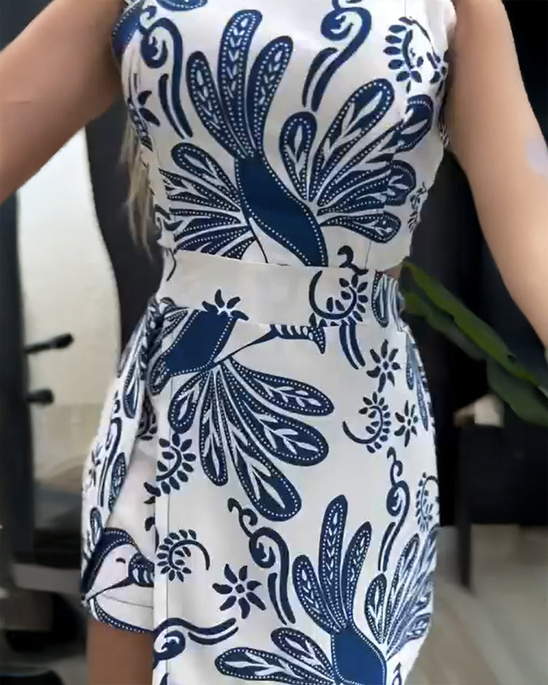 Tropical Plants Print Square Neck Backless Romper Elastic Waist Back Side Slit Short Jumpsuit