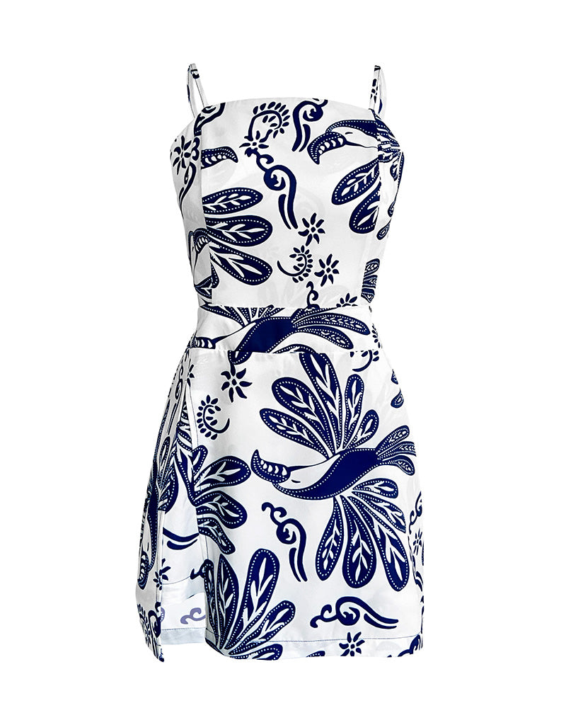 Tropical Plants Print Square Neck Backless Romper Elastic Waist Back Side Slit Short Jumpsuit