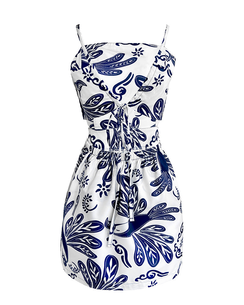 Tropical Plants Print Square Neck Backless Romper Elastic Waist Back Side Slit Short Jumpsuit