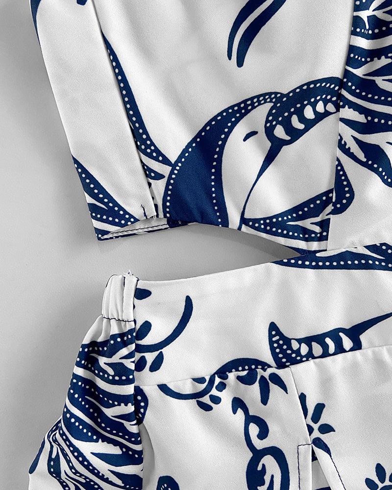 Tropical Plants Print Square Neck Backless Romper Elastic Waist Back Side Slit Short Jumpsuit