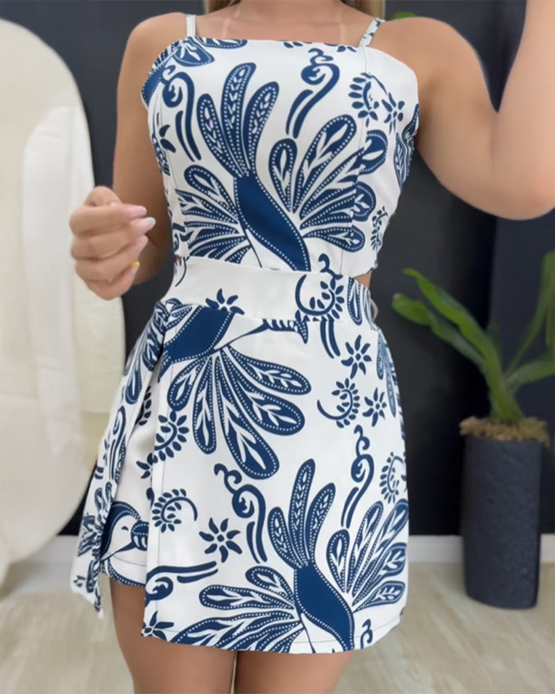 Tropical Plants Print Square Neck Backless Romper Elastic Waist Back Side Slit Short Jumpsuit