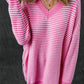Pink Striped Scallop V Neck Loose Sweater with Slits