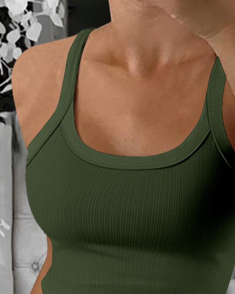 Scoop Neck Spaghetti Strap Ribbed Top Casual Sleeveless Slim Fit Tank