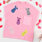 Pink Sequin Bunny Doll Graphic Ribbed High Neck Short Sleeve Sweater