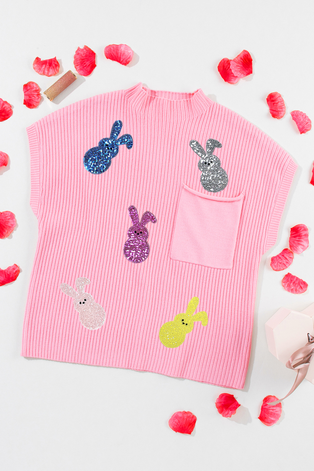 Pink Sequin Bunny Doll Graphic Ribbed High Neck Short Sleeve Sweater