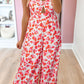 Pink Floral Print Twisted Bandeau Keyhole Pleated Wide Leg Jumpsuit