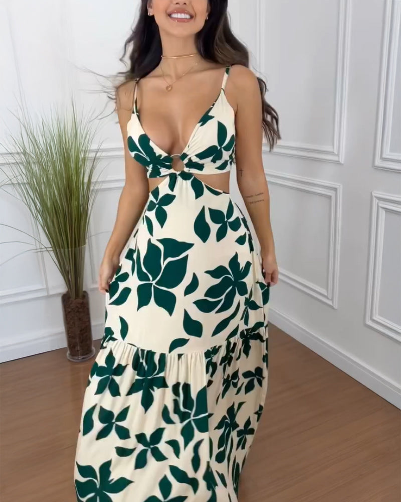 Plants Print Spaghetti Strap Ring Decor V Neck Dress Casual Waist Cutout Vacation Maxi Dress