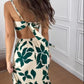 Plants Print Spaghetti Strap Ring Decor V Neck Dress Casual Waist Cutout Vacation Maxi Dress