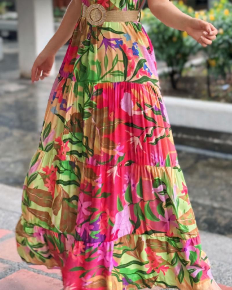 Tropical Print Halter Ruched Sleeveless Maxi Dress Casual A Line Flowy Smock Dress
