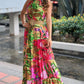 Tropical Print Halter Ruched Sleeveless Maxi Dress Casual A Line Flowy Smock Dress