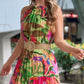 Tropical Print Halter Ruched Sleeveless Maxi Dress Casual A Line Flowy Smock Dress