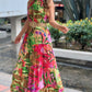 Tropical Print Halter Ruched Sleeveless Maxi Dress Casual A Line Flowy Smock Dress