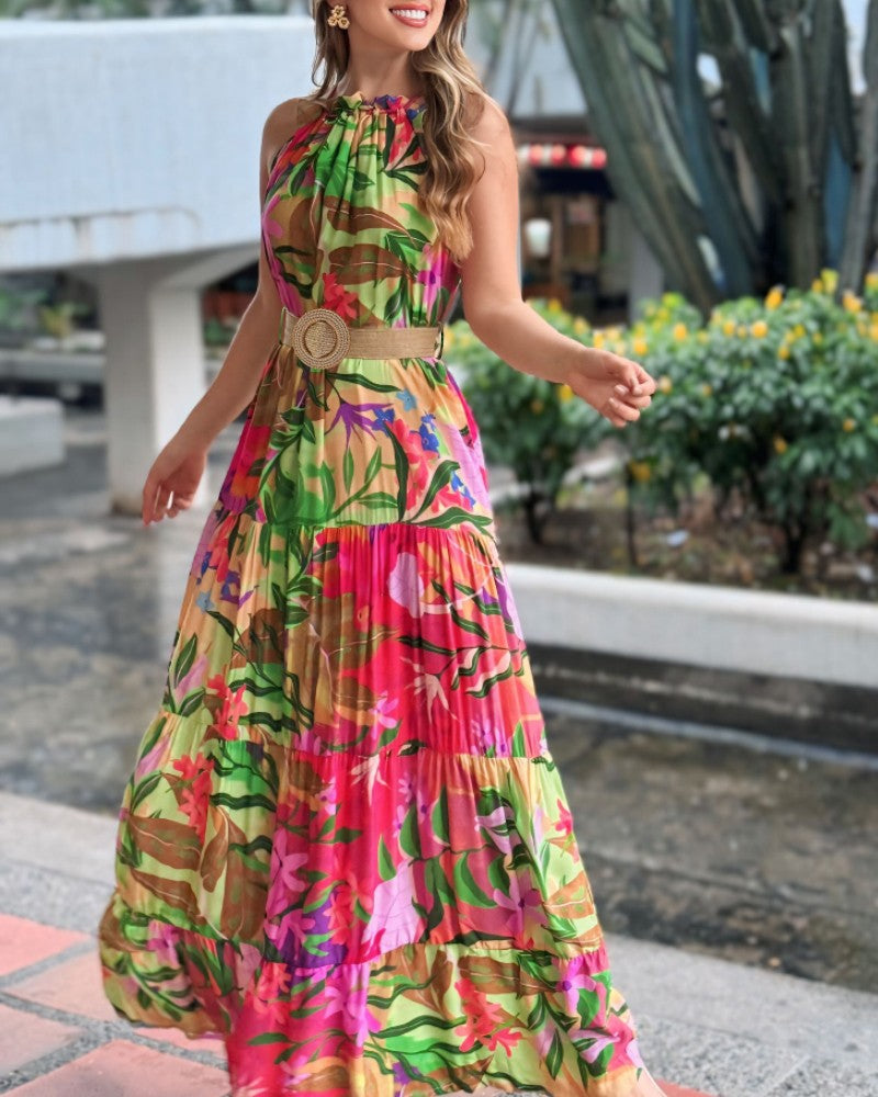 Tropical Print Halter Ruched Sleeveless Maxi Dress Casual A Line Flowy Smock Dress