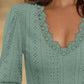 Deep V Neck Contrast Lace Three Quarters Sleeves Tee Casual Shirred & Frill Hem Cuffs Breathable Top