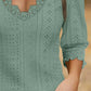 Deep V Neck Contrast Lace Three Quarters Sleeves Tee Casual Shirred & Frill Hem Cuffs Breathable Top