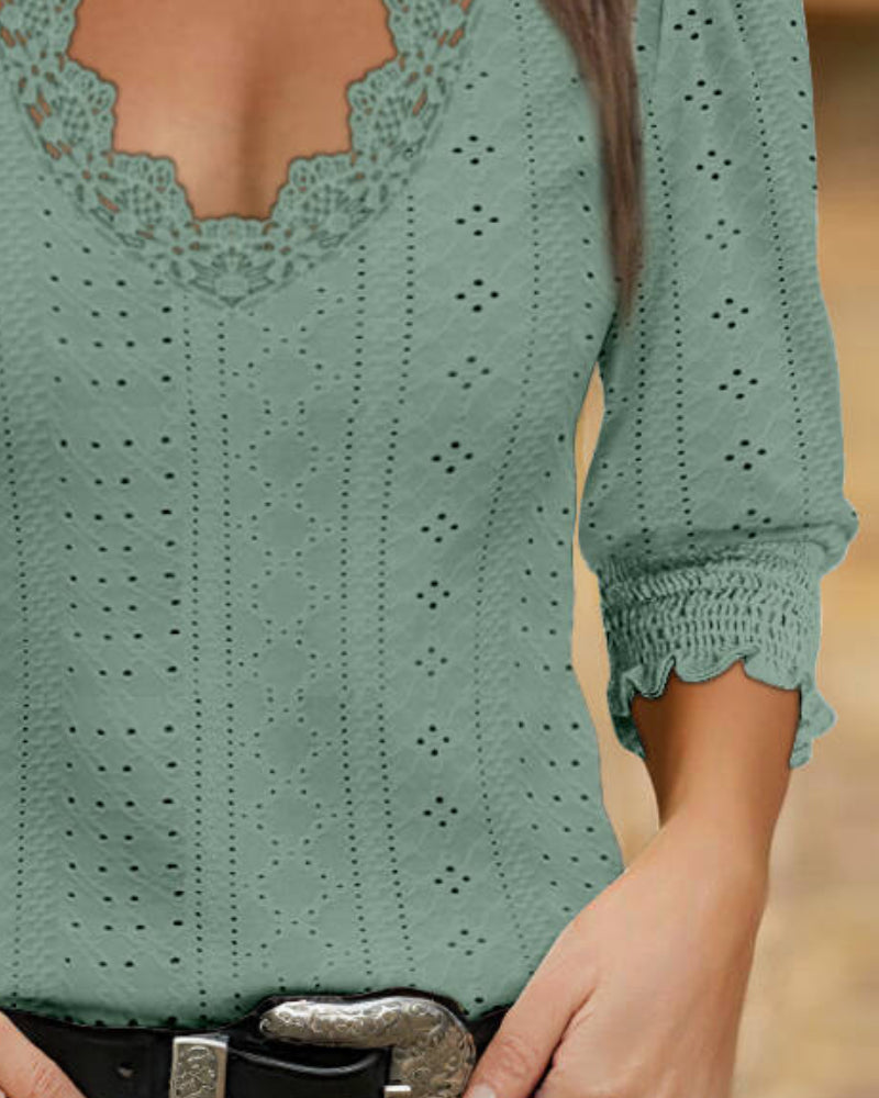 Deep V Neck Contrast Lace Three Quarters Sleeves Tee Casual Shirred & Frill Hem Cuffs Breathable Top