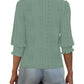 Deep V Neck Contrast Lace Three Quarters Sleeves Tee Casual Shirred & Frill Hem Cuffs Breathable Top