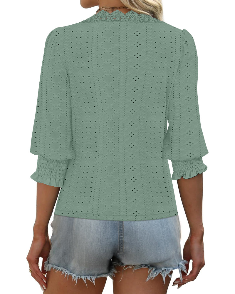 Deep V Neck Contrast Lace Three Quarters Sleeves Tee Casual Shirred & Frill Hem Cuffs Breathable Top