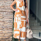 Geometric Print V Neck Thick Strap Tied Detail Dress Casual Slit Maxi Dress