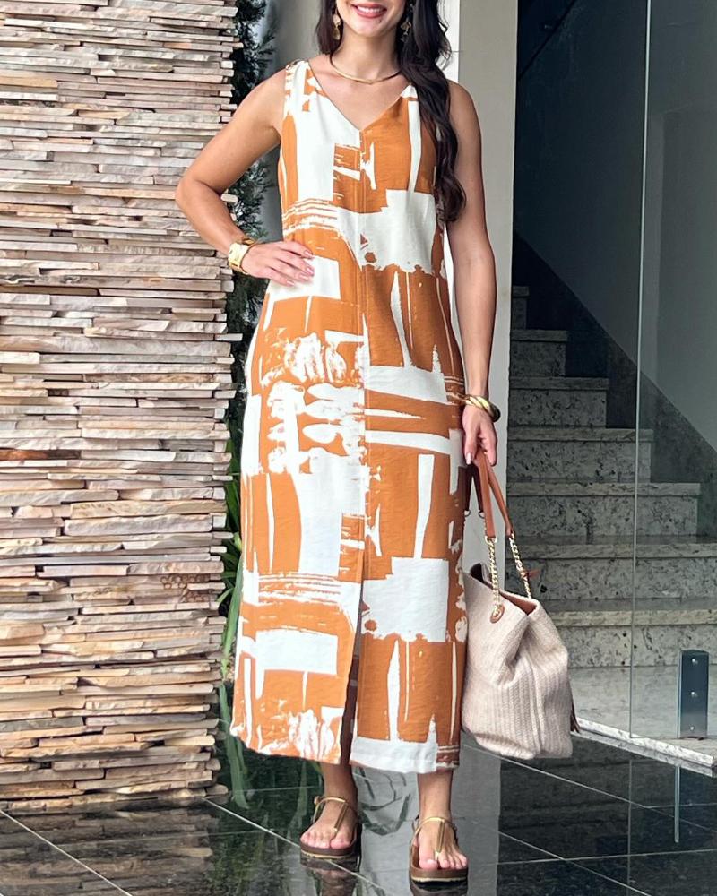 Geometric Print V Neck Thick Strap Tied Detail Dress Casual Slit Maxi Dress