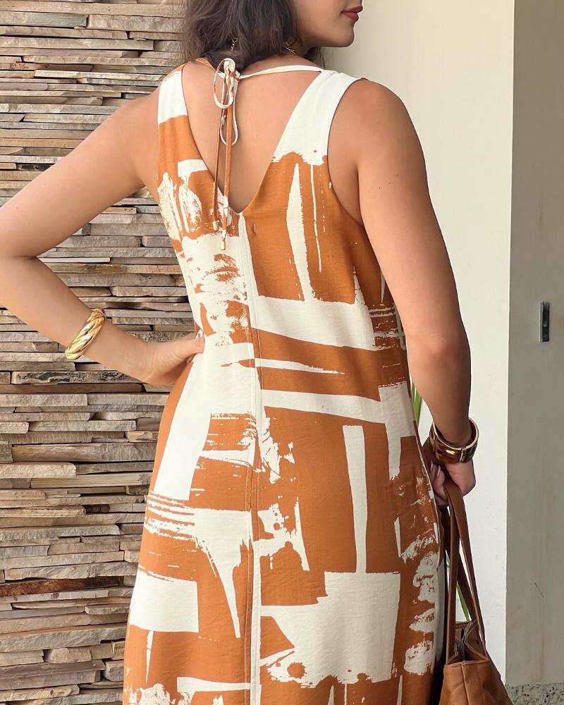 Geometric Print V Neck Thick Strap Tied Detail Dress Casual Slit Maxi Dress