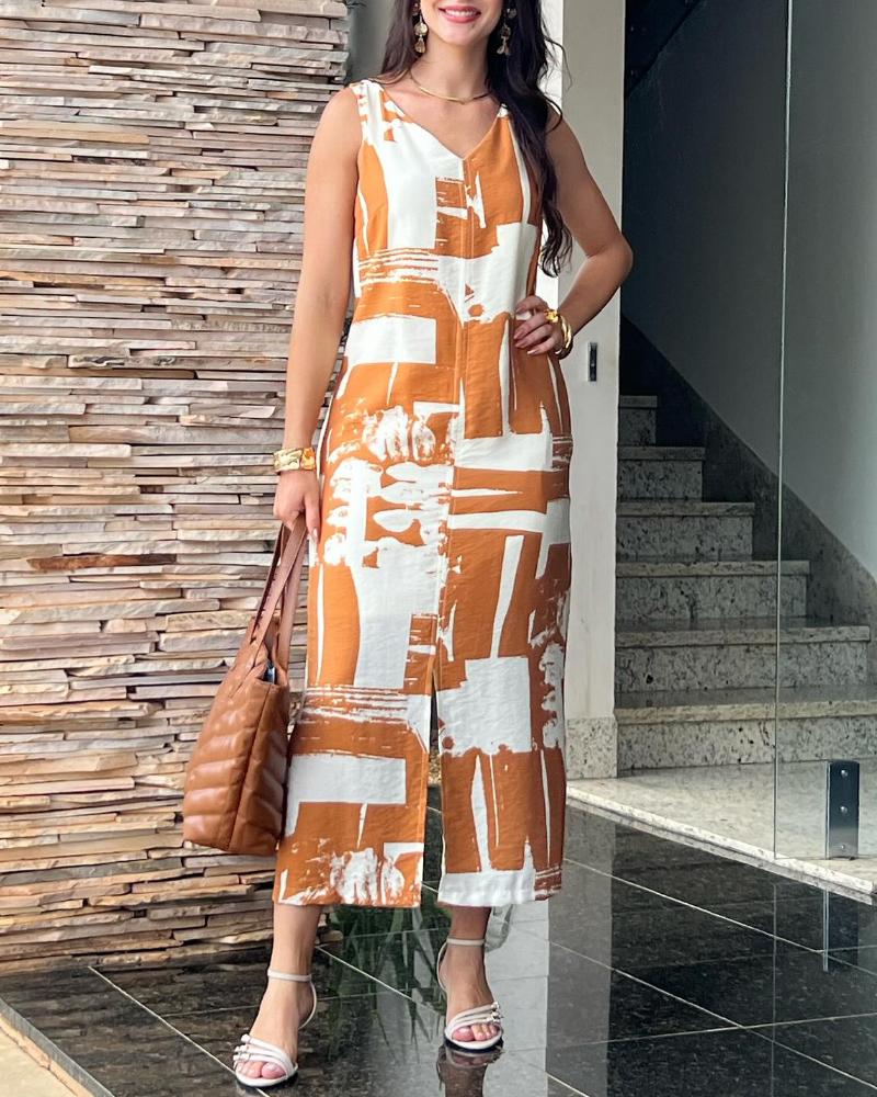 Geometric Print V Neck Thick Strap Tied Detail Dress Casual Slit Maxi Dress