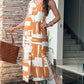 Geometric Print V Neck Thick Strap Tied Detail Dress Casual Slit Maxi Dress