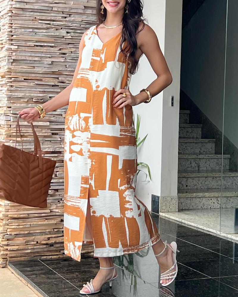 Geometric Print V Neck Thick Strap Tied Detail Dress Casual Slit Maxi Dress