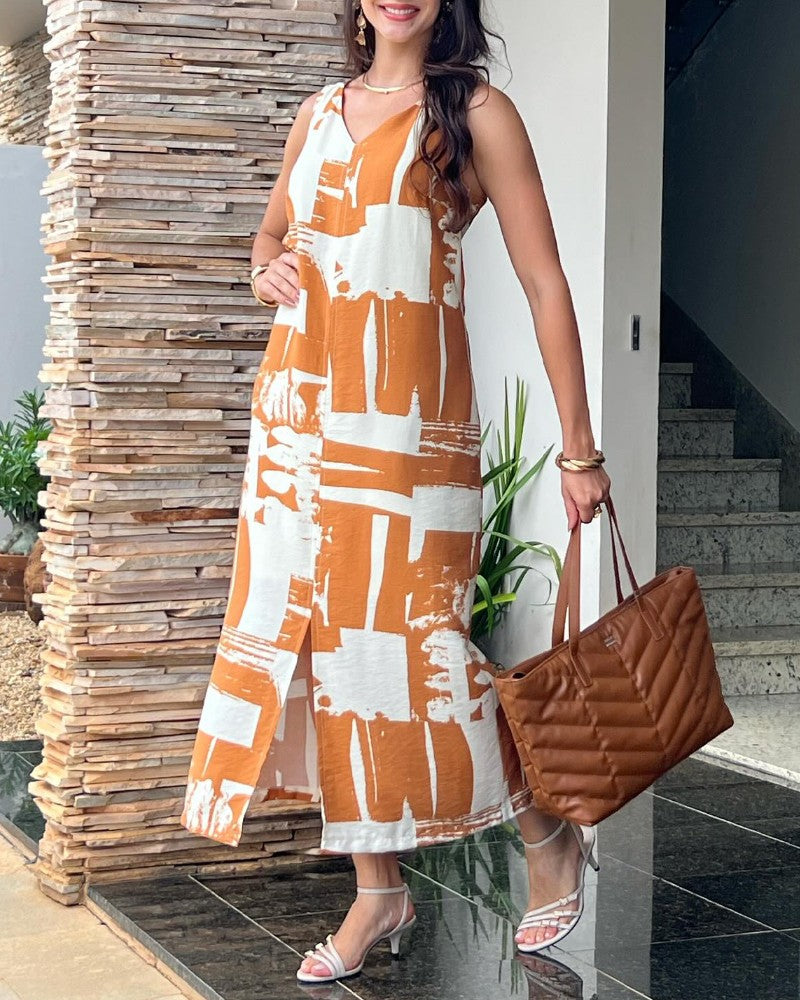 Geometric Print V Neck Thick Strap Tied Detail Dress Casual Slit Maxi Dress