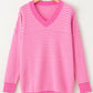Pink Striped Scallop V Neck Loose Sweater with Slits
