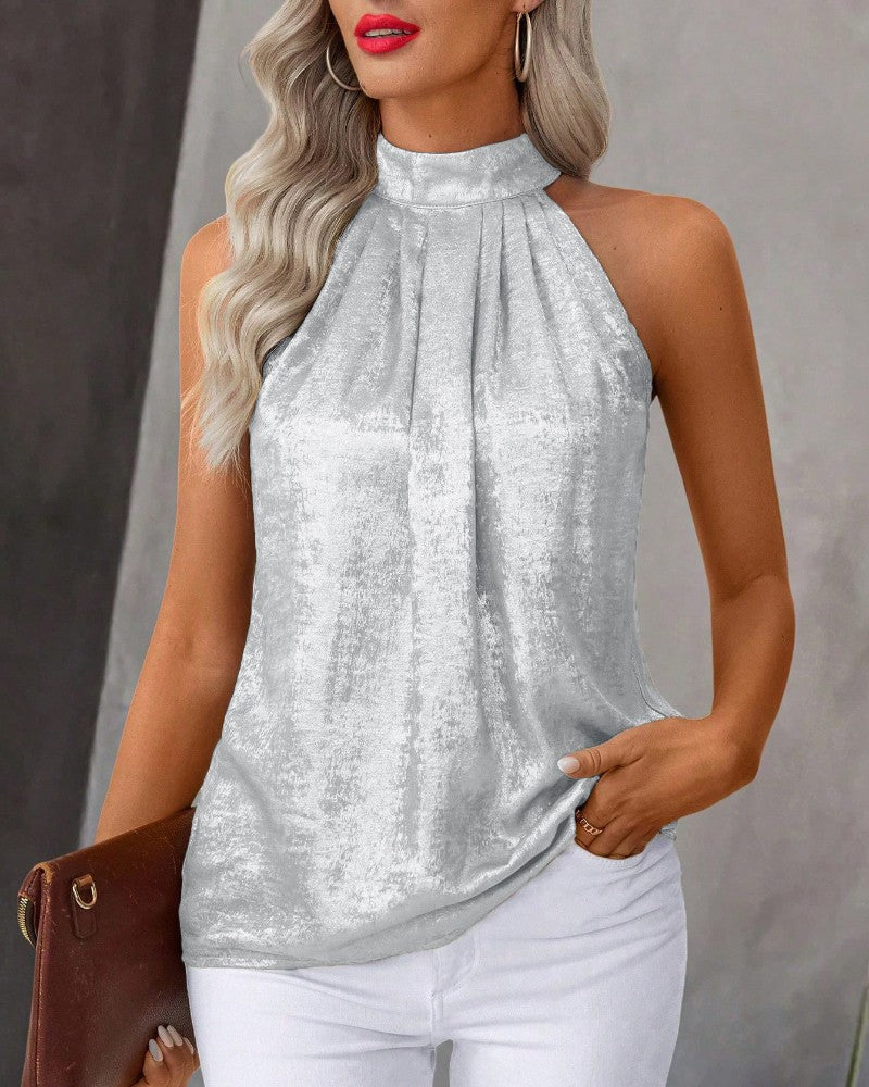 Metal Luster Ruched Halter Neck Blouse Tank Casual Loose Fit Top