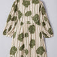 Guacamole Green Floral Striped Print Contrast Piping Puff Sleeve Dress