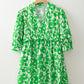 Green Floral Print Puff Half Sleeve V Neck Babydoll Dress