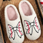 White Bow Knot Rugby Pattern Plush Warm Slippers