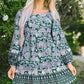 Green Floral Print Piping Trim Bubble Sleeve Square Neck Dress