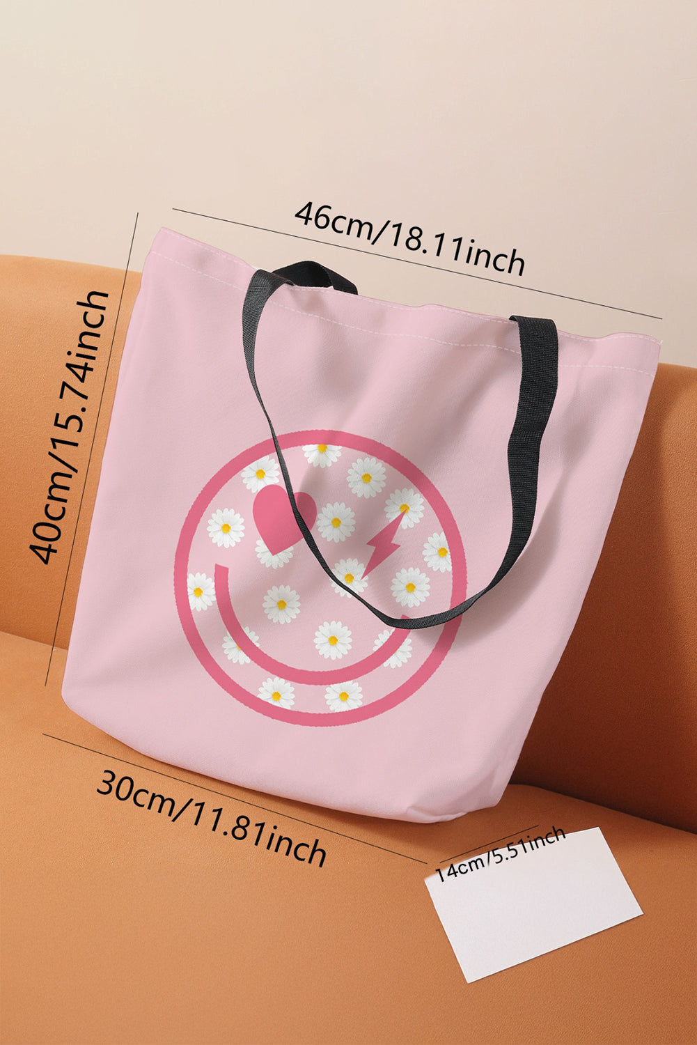 Pink Smiley Face Daisy Print Canvas Large Capacity Tote Bag