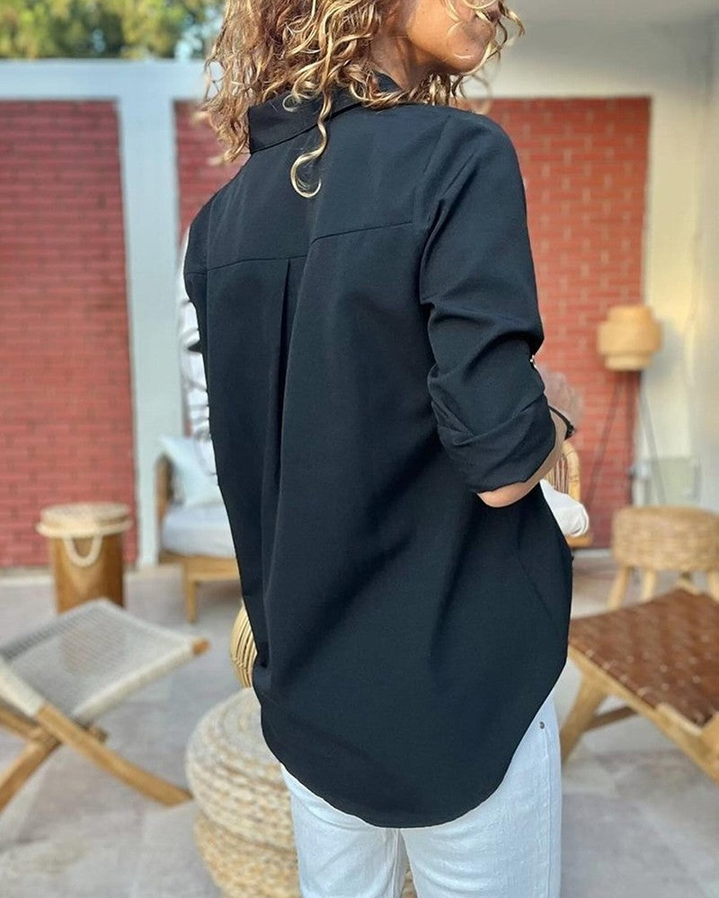 Colorblock Abstract Print Turn down Collar Long Sleeve Blouse Casual Button Front Top