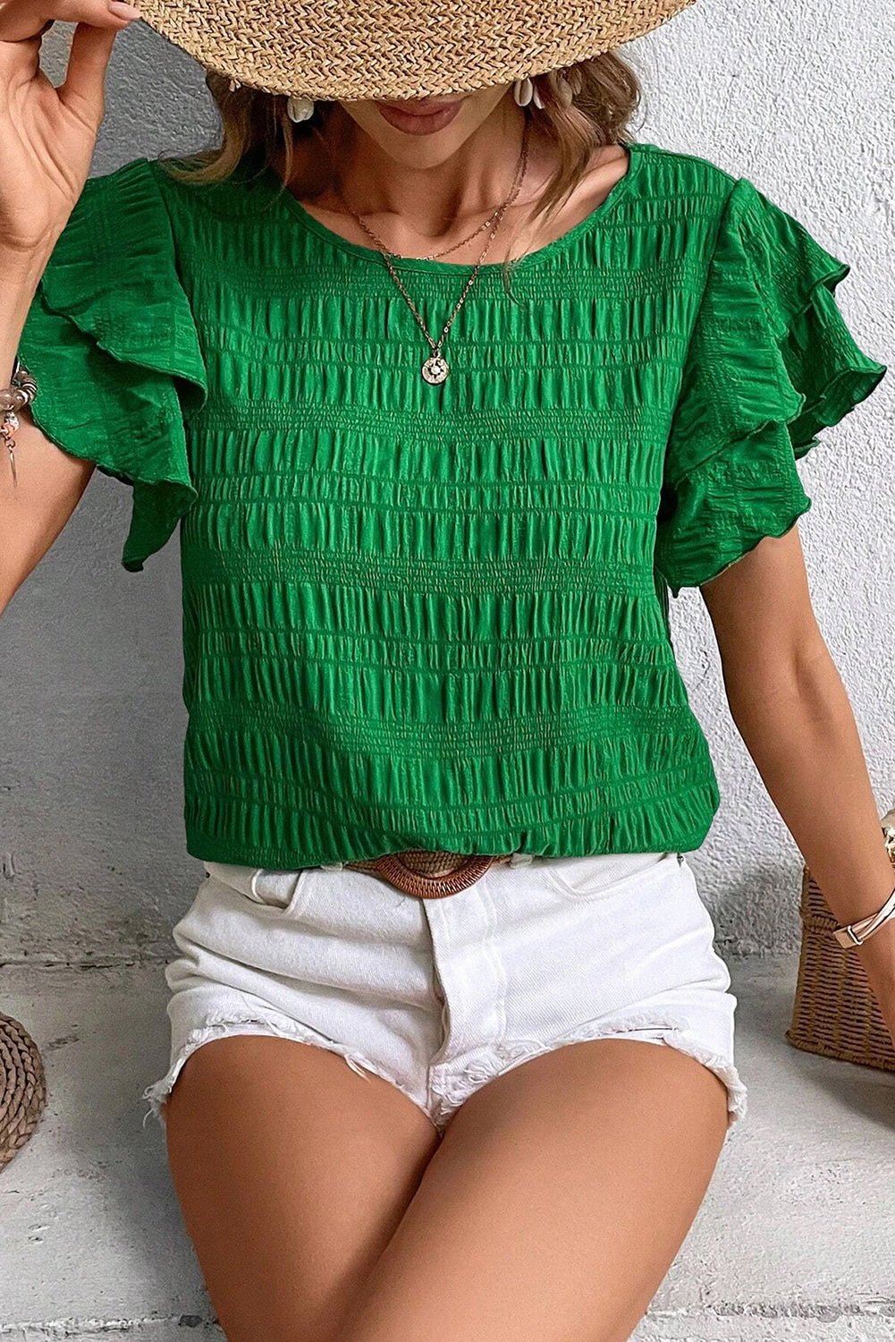 Dark Green Textured Ruffled Sleeve Round Neck Top
